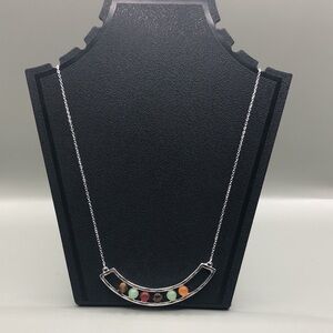 Colorful bead curved bar pendant silver chain necklace, trendy great to layer.
